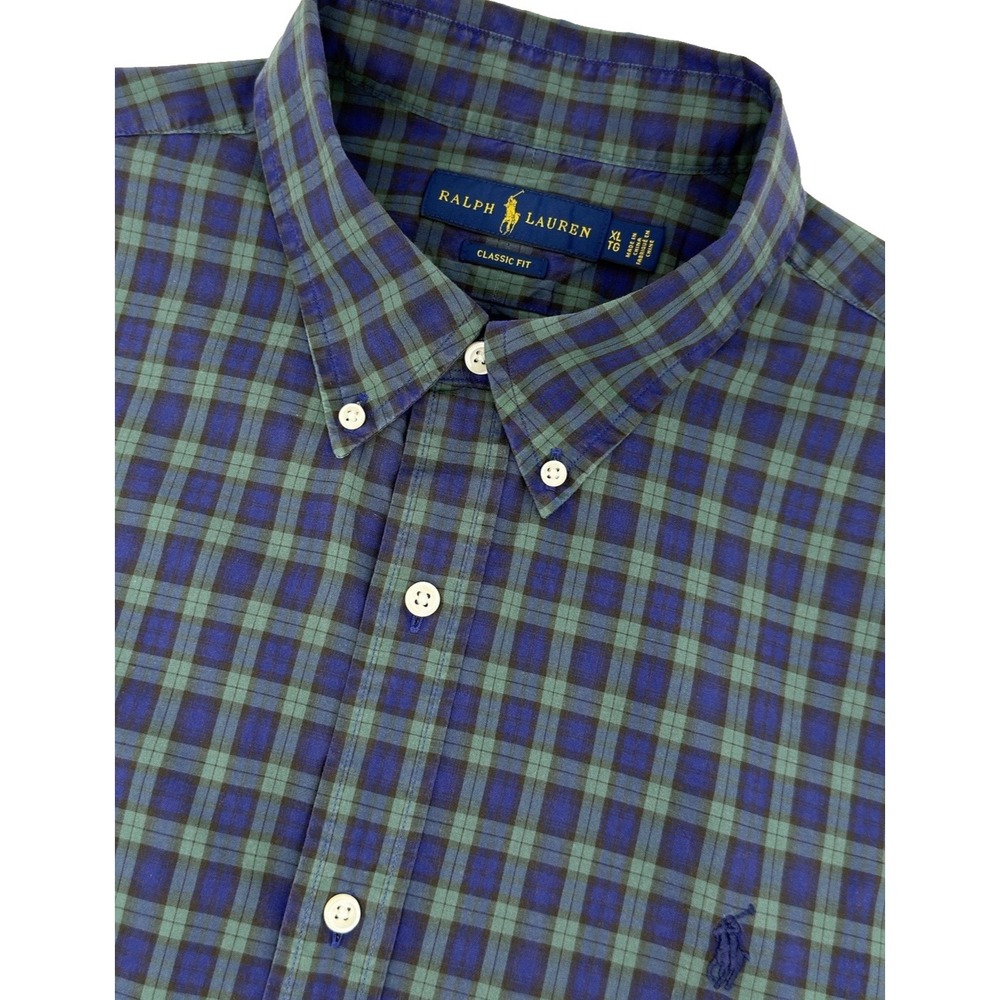 Ralph Lauren Classic Fit Shirt Men XL Blue Green Plaid Cotton Button‎ Up
